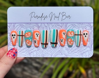 Sweet Screamz | Custom Press On Nail Set | Pumpkin Halloween Ghost Matte Teal Orange Plaid