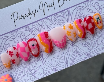 Sunset Sangria | Custom Press On Nails | Pink Orange Red Matte Abstract Fruit