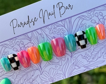 Neon Chrome Press On Nails | Checkered Summer Nail Set