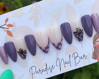 Pumpkin Patch Press On Nails | Purple Checkered Nail Set