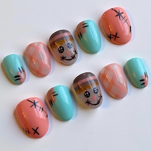 Patchwork Pal | Custom Press On Nail Set | Halloween Scarecrow Coral Mint Fall Autumn