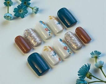 Floral Fall Press On Nails | Glitter Teal, Burnt Orange