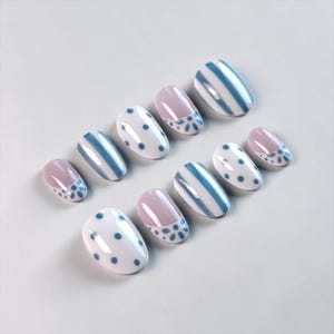 Blue Willow | Custom Press On Nail Set | White Denim Stripes Dots Porcelain Tile