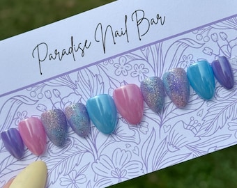 Sugar Mirage | Custom Press On Nail Set | Pastel Chrome Ombré Glitter Blue Pink Purple