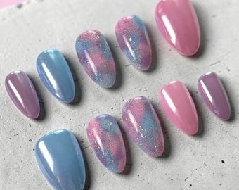 Sugar Mirage | Custom Press On Nail Set | Pastel Chrome Ombré Glitter Blue Pink Purple