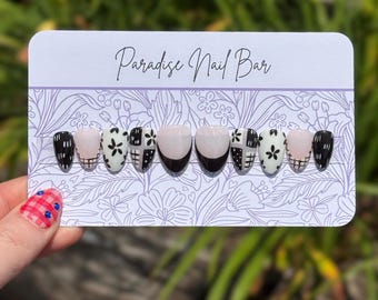 Floral Mischief | Custom Press On Nail Set | Black White Neutral Abstract Patch Quilt