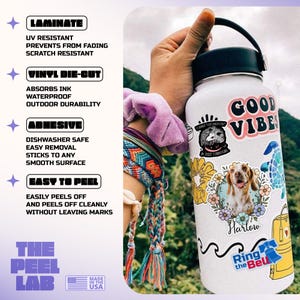 May include: White water bottle covered in colorful stickers, including a dog portrait, floral designs, and the words "Good Vibes." The bottle has a black handle and lid. The image also shows text about the stickers' features.