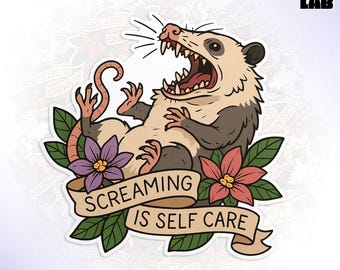 Screaming Is Self Care Sticker, Funny Possum Opossum, Mental Health Humor Waterproof Die-Cut Vinyl Sticker