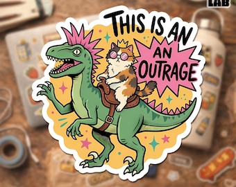 Funny Outrage Cat Riding Dinosaur Sticker, Fantasy Reader Humor Decal, Cute Book Lover Gift, Magical Sci Fi Sticker for Water Bottle Laptop