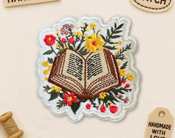 Floral Book Patch, Bookish Reader Lover Aesthetic Flower Books Reading Embroidered Patches Applique for Clothes, Hats, Jeans, Backpacks, Bag