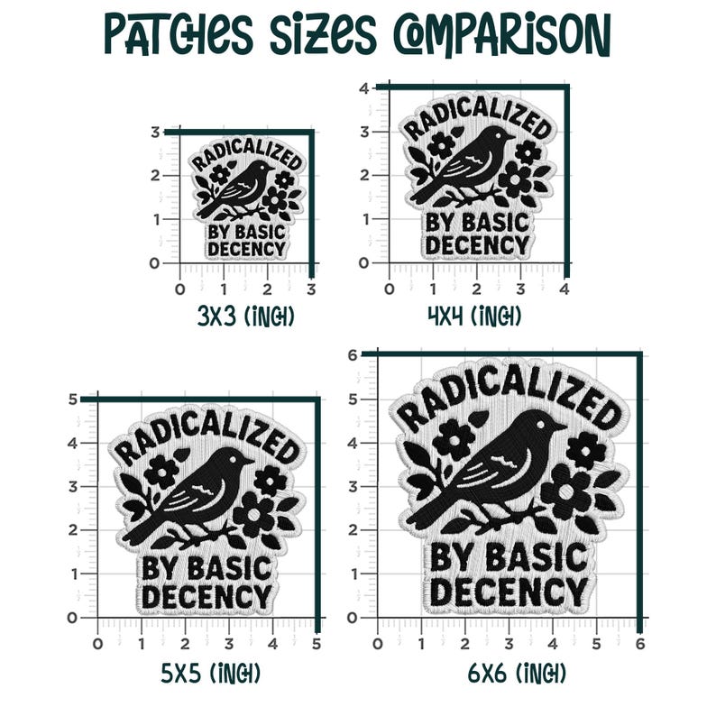 Pode incluir: Imagem mostrando uma compara&ccedil;&atilde;o de quatro patches em preto e branco com o texto "RADICALIZED" e "BY BASIC DECENCY", com um design de p&aacute;ssaro e floral. Os tamanhos variam de 7,6 x 7,6 cm a 15,2 x 15,2 cm.