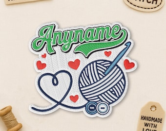 Custom Knitting Name Patch, Personalized Crochet Knitter Name Yarn Ball Heart Embroidered Patches Applique for Clothes Hats Backpacks