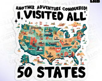 I Visited All 50 States Sticker Road Trip Travel Adventure Exploration Waterproof Vinyl Water Bottle, Laptop Sticker