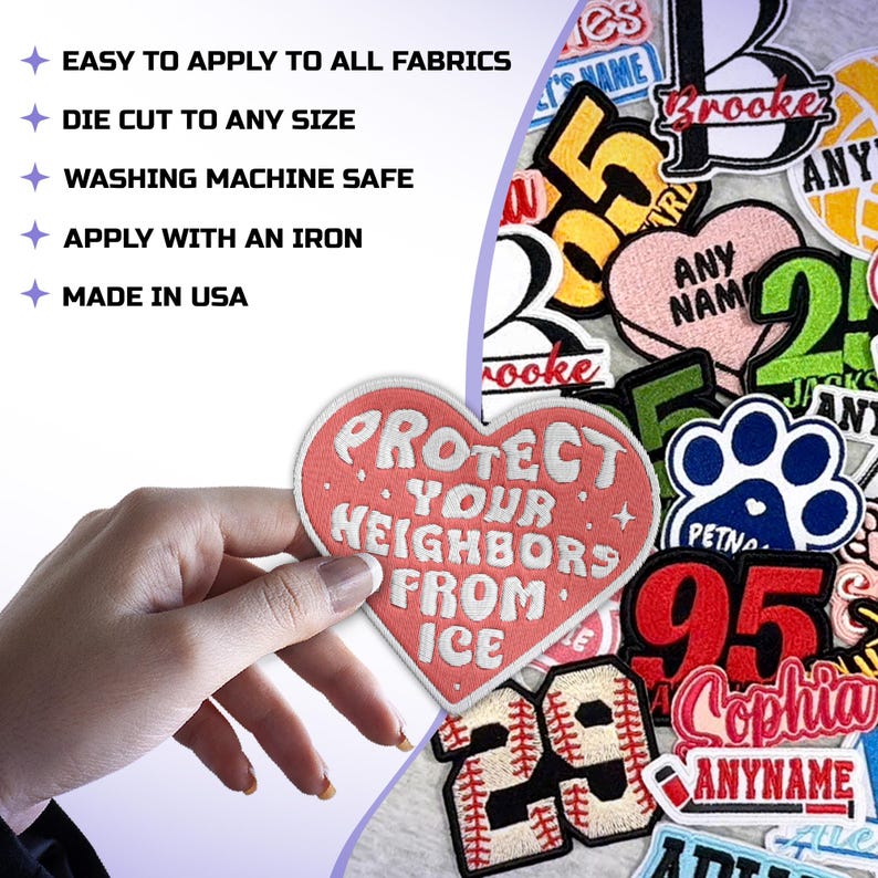K&ouml;nnte beinhalten: Eine Auswahl an Aufb&uuml;glern, darunter ein herzf&ouml;rmiger Aufn&auml;her mit dem Text &bdquo;PROTECT YOUR NEIGHBORS FROM ICE&ldquo;. Weitere Aufn&auml;her zeigen Zahlen, Namen und einen Pfotenabdruck. Das Bild enth&auml;lt auch den Text: &bdquo;EASY TO APPLY TO ALL FABRICS&ldquo;.