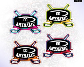 May include: A collection of waterproof die-cut stickers featuring a hockey-themed design. Each sticker has a black background with the text "00 ANYNAME" and a hockey stick graphic. The stickers come in various color schemes, including pink, green, orange, and red.