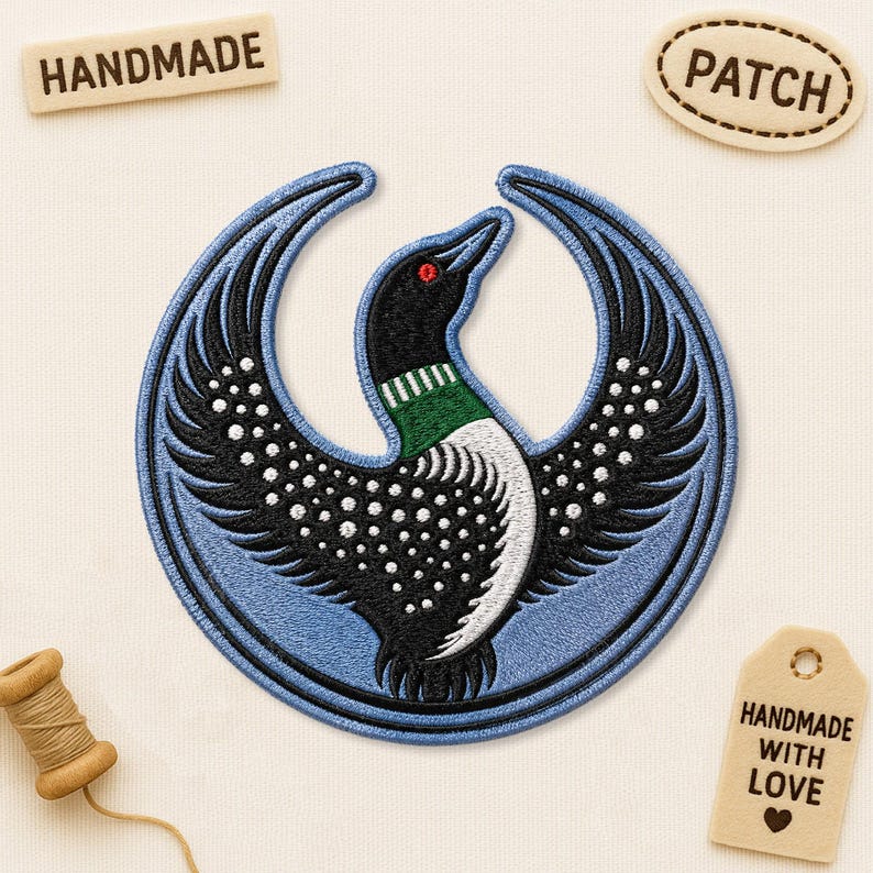 May include: A circular embroidered patch featuring a black loon with a green neck band and white spotted wings, set against a light blue background. The loon has a red eye and is positioned within a crescent shape formed by its own wings.