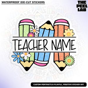 Personalized Custom Teacher Name Sticker Pencil Dalmatian Dots Teacher Back To School Vinyl Water Bottle Gifts for Kids Teacher Him Her