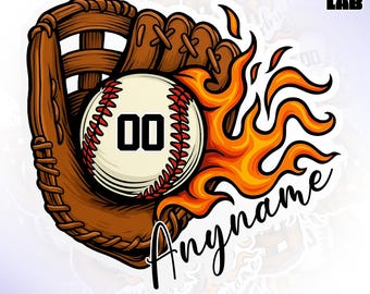 May include: A baseball in a brown leather baseball glove with flames coming out of the glove. The baseball has the number "00" on it. The text "Anyname" is written in a black cursive font below the glove and flames. The text "WELCOME TO THE PEEL LAB" is at the top of the image. The text "THE PEEL LAB" is in the top right corner of the image. The text "CUSTOM PORTRAITS & PLAYFUL, POSITIVE STICKER ART" is at the bottom of the image.
