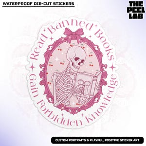 Read Banned Books Sticker, Funny Skeleton Sarcastic Sparkle Pink Coquette Feminist Waterproof Vinyl Water Bottle Sticker
