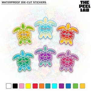 May include: Waterproof die-cut stickers with sea turtle designs in various colours. Each turtle has a gradient colour scheme and a name. The Peel Lab logo is in the top right. A colour palette is shown at the bottom.
