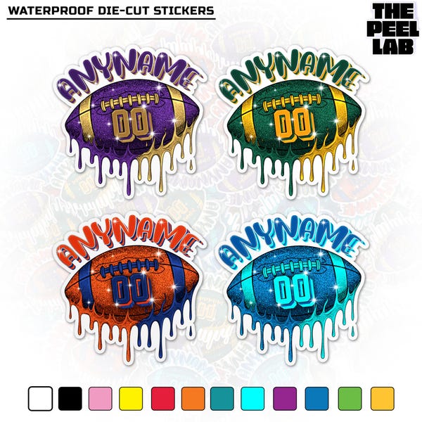 Personalized Name & Number Football Drip Sticker, Custom American Football Ball Drip Die Cut Vinyl Water Bottle Sticker Team Gifts Coach