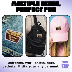May include: The image showcases patches with the text "PROTECT OUR National Parks" on a denim jacket, a black backpack, and a pink baseball cap. The text "MULTIPLE SIZES, PERFECT FOR uniforms, work shirts, hats, jackets, Military, or any garment" is also visible.