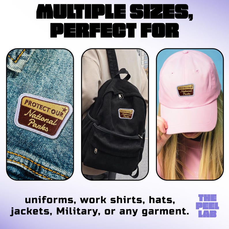 May include: The image showcases patches with the text "PROTECT OUR National Parks" on a denim jacket, a black backpack, and a pink baseball cap. The text "MULTIPLE SIZES, PERFECT FOR uniforms, work shirts, hats, jackets, Military, or any garment" is also visible.