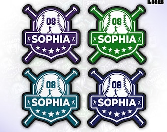 May include: Four baseball-themed stickers with the name "Sophia" and the number "08" in white text. The stickers are in four different color combinations: purple and white, green and white, teal and white, and blue and white.