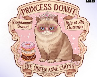 Princess Donut Funny Cat Sticker, Fantasy Readers Romantasy Book Lover Bookish Waterproof Vinyl Water Bottle Sticker