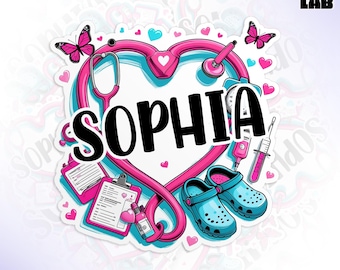 Custom Nurse Name Sticker, Personalized Heart Stethoscope RN ICU Nurse Assistant Die Cut Vinyl Sticker With Decal for Laptop, Water Bottle