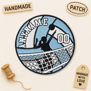 May include: Embroidered patch with a volleyball design, a player silhouette, net, and the text "ANY NAME" in light blue. The patch includes the number "00". Additional tags read "HANDMADE" and "PATCH".