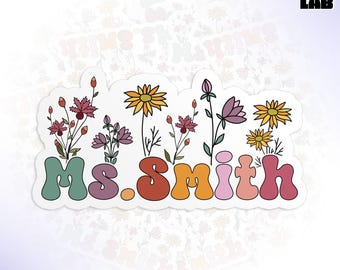 Personalized Custom Teacher Name Sticker Wildflowers Flower Back To School Vinyl Water Bottle Gifts for Kids Teacher Him Her