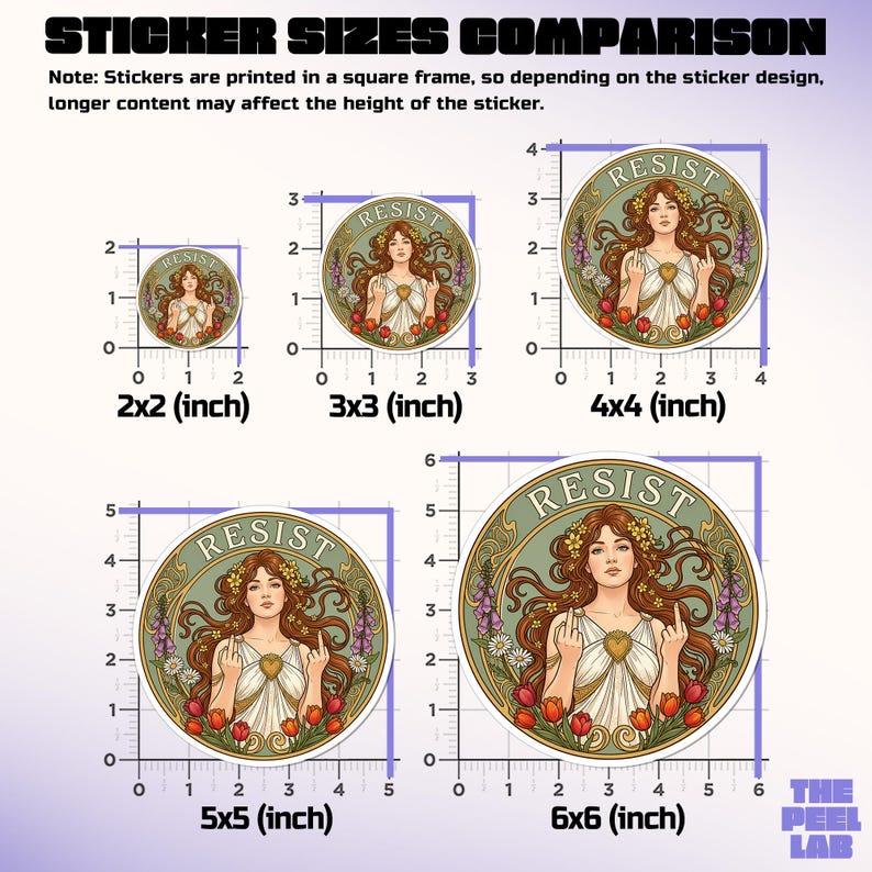 May include: A comparison of sticker sizes, ranging from 2x2 inches to 6x6 inches. Each sticker features a woman with the word "RESIST" above her. The stickers have a floral design with a light green and gold color scheme.