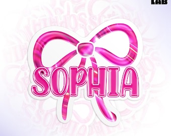 Custom Girly Pink Coquette Name Sticker, Personalized Teacher School Mascot Bow Name Die Cut Waterproof Vinyl Water Bottle Sticker Tumble