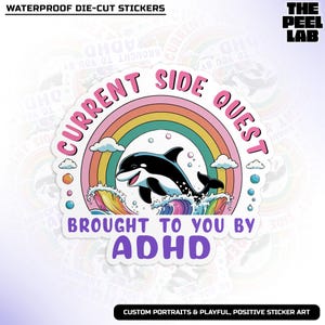 Funny ADHD Side Quest Raccoon Dolphin Sticker, Anxiety Mental Health Retro Sarcastic Waterproof Die-Cut Vinyl Sticker Gifts