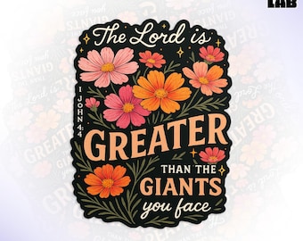 The Lord Is Greater Sticker, 1 John 4 4 Bible Verse Floral Christian Inspirational Jesus Faith Waterproof Vinyl Stickers for Water Bottle