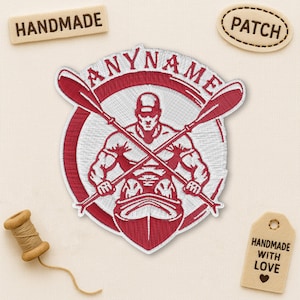 May include: Embroidered patch featuring a kayaker with crossed oars, a red and white design. The patch has the text "ANYNAME" and is surrounded by a red circle. Additional tags read "HANDMADE" and "PATCH".