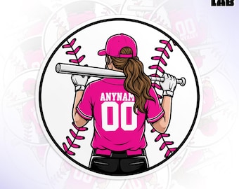 Custom Baseball Sports Sticker, Personalized Female Baseball Player Name & Number Waterproof Die-Cut Vinyl Stickers for Water Bottle, Laptop