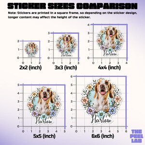 May include: Comparison chart of sticker sizes, ranging from 2x2 inches to 6x6 inches. Each sticker features a dog illustration surrounded by flowers, with the name "Harlow" below. The text "STICKER SIZES COMPARISON" is at the top.