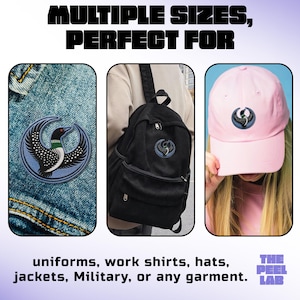May include: A circular embroidered patch featuring a loon bird with black, white, and green plumage. The patch is shown applied to blue denim fabric, a black corduroy backpack, and a light pink baseball cap. Text reads MULTIPLE SIZES, PERFECT FOR uniforms, work shirts, hats, jackets, Military, or any garment. THE PEEL LAB.