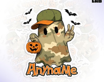 Custom Camo Ghost Halloween Sticker with Pumpkin Bucket, Personalized Name Spooky Die Cut Vinyl Decal for Laptop Water Bottle Gifts Kids