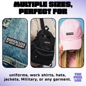 K&ouml;nnte beinhalten: Das Bild zeigt Aufn&auml;her, einen schwarzen Rucksack und eine rosa Baseballkappe, jeweils mit dem Text "RADICALIZED BY BASIC DECENCY". Das Bild enth&auml;lt auch den Text "MULTIPLE SIZES, PERFECT FOR uniforms, work shirts, hats, jackets, Military, or any garment."