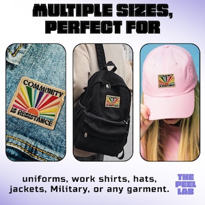 May include: Image features patches with the text "COMMUNITY IS RESISTANCE" on a denim jacket, a black backpack, and a pink baseball cap. The patches have a rainbow sun design. Text at the top reads "MULTIPLE SIZES, PERFECT FOR".