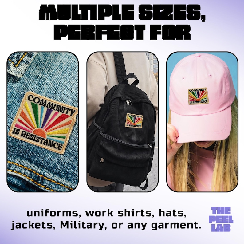 May include: Image features patches with the text "COMMUNITY IS RESISTANCE" on a denim jacket, a black backpack, and a pink baseball cap. The patches have a rainbow sun design. Text at the top reads "MULTIPLE SIZES, PERFECT FOR".
