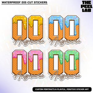 May include: Four waterproof die-cut stickers featuring the number "00" in a waffle cone design with colorful icing and sprinkles. Each sticker has a different color icing: yellow, blue, pink, and green. The text "Anyname" is below each number.