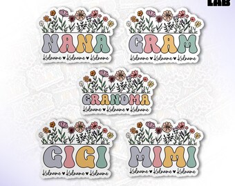 May include: Four colorful floral stickers with the words "NANA", "GRAM", "GRANDMA", and "GIGI" and "MIMI" in a retro font. Each sticker has a space for three names below the word. The stickers are on a white background with the text "THE PEEL LAB" in the top right corner.