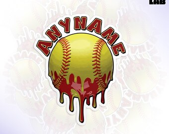 Custom Softball Drip Sticker, Personalized Softball Sports Mom Dripping Name Number Die Cut Waterproof Vinyl Water Bottle Tumbler