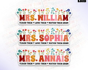 Custom Teacher Name Sticker, Personalized Teacher Appreciation Floral Back To School Vinyl Water Bottle Gifts for Kids Teacher Him Her