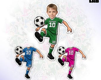 Custom Soccer Sports Sticker, Personalized Cute Birthday Soccer Player Photo Name Number Vinyl Sticker With Name & Number Decal Gifts