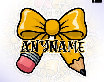 Personalized Coquette Pencil Name Sticker, Custom Cute Bow Teacher Kids Name Vinyl Water Bottle Gifts for Kids Teacher Him Her